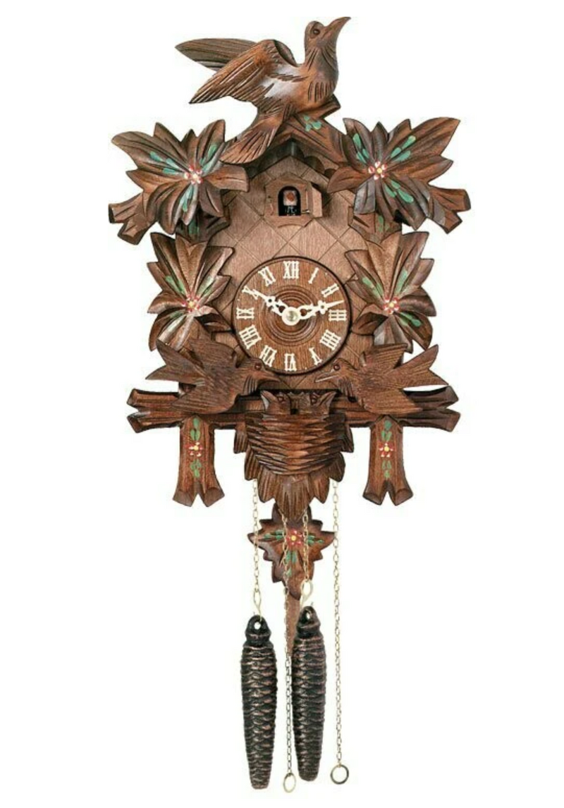 One Day Cuckoo Clock with 13" Carved Maple Leaves & Moving Birds - Hand-painted Flowers