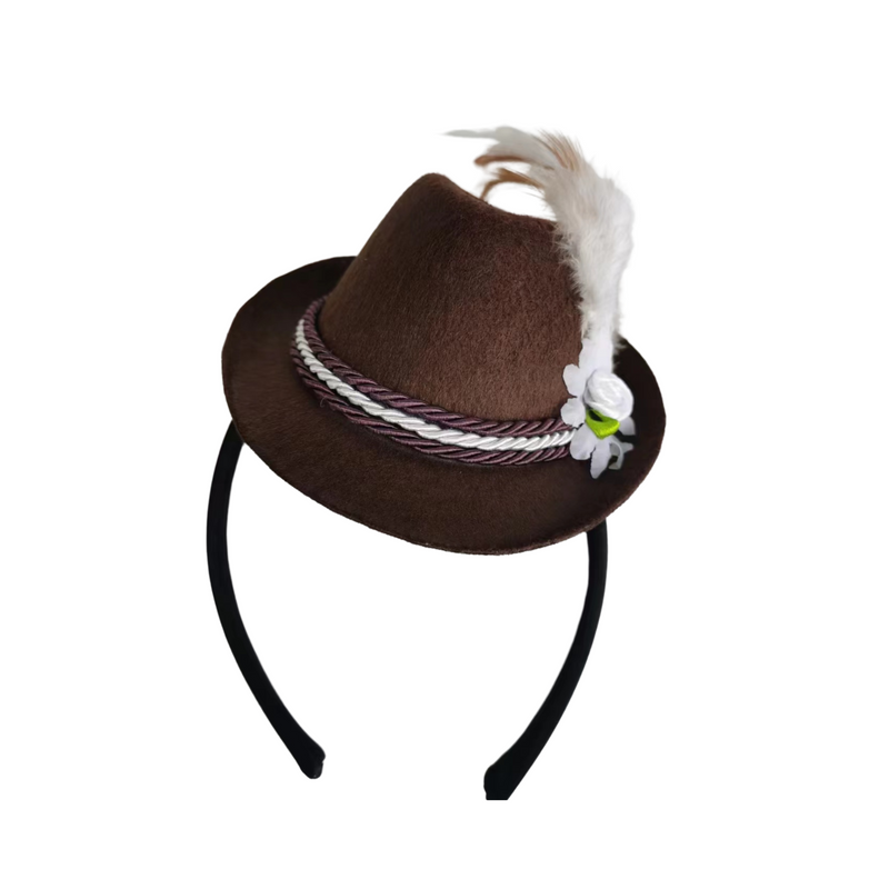 Oktoberfest German Costume Accessory Mini Brown Fedora Felt Hat Headband