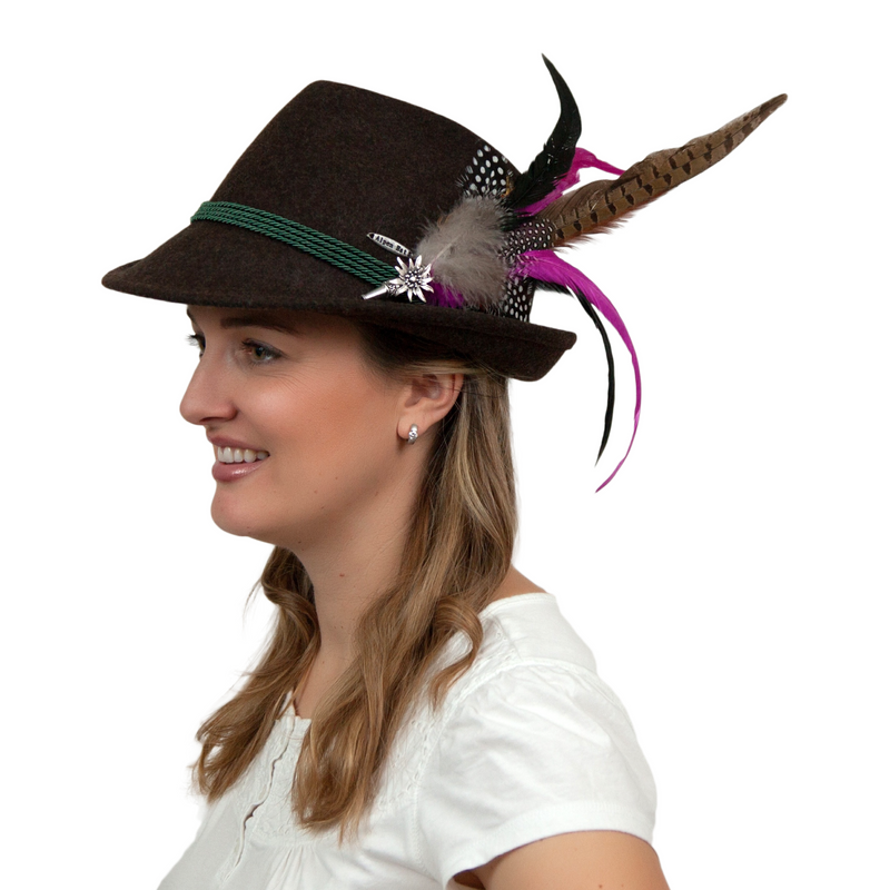 Purple & Brown Oktoberfest Hat Feather Edelweiss Medallion Pin
