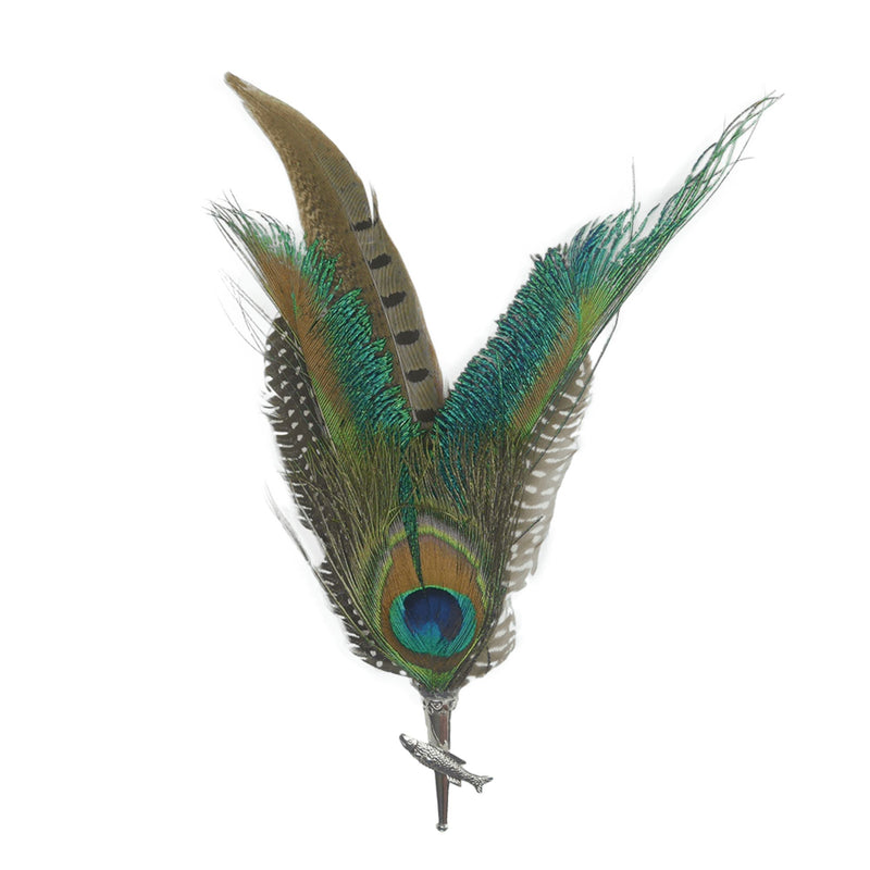 Peacock & Pheasant Feathers with Fish Medallion Hunter Hat Pin