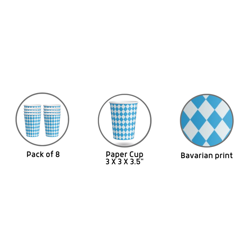 Oktoberfest Party Supplies 3.5" Paper Party Cups 8 Pack with Bavarian Checkered Pattern Decoration