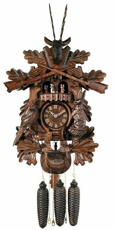 Eight Day Musical Hunter's Cuckoo Clock with Dancers - Hand-carved Live Animals, Leaves, and Buck