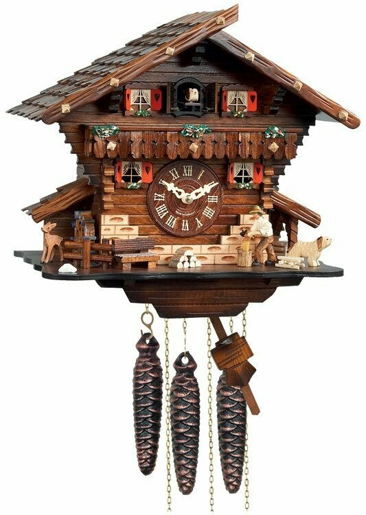 One Day Musical Cuckoo Clock Cottage with Man Chopping Wood and Waterwheel