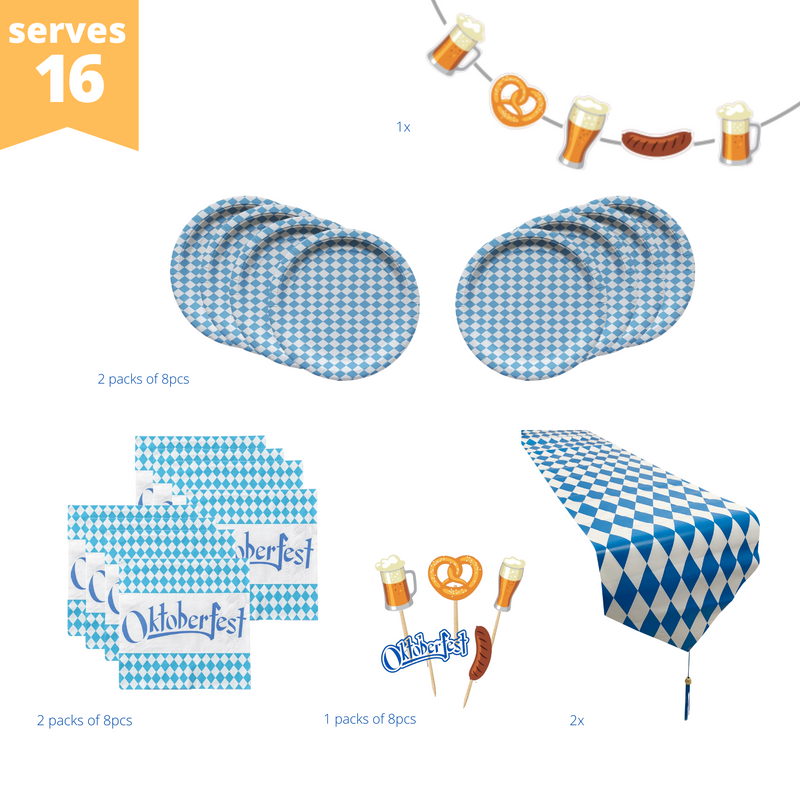 Deluxe All-in-One Lite Oktoberfest Party Pack Bundle with Bavarian Themed Plastic Table Runner, Plates, Napkins, Oktoberfest Foods Themed Banner