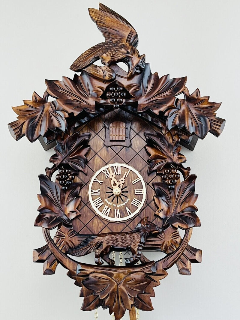 Eight Day Hand-carved Cuckoo Clock with Aesop's Fable Themed Carvings - Fox, Bird and Grapevines