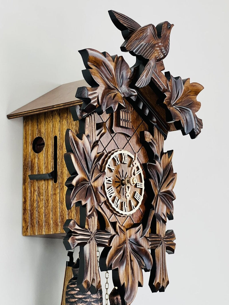 Eight Day Cuckoo Clock with Five Hand-carved Maple Leaves and One Bird