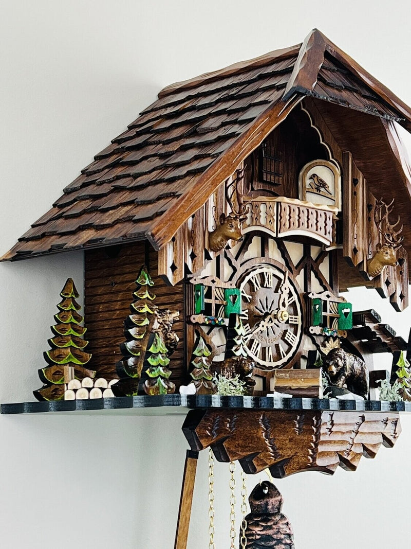 Eight Day Cuckoo Clock Cottage with Bears and Pine Trees