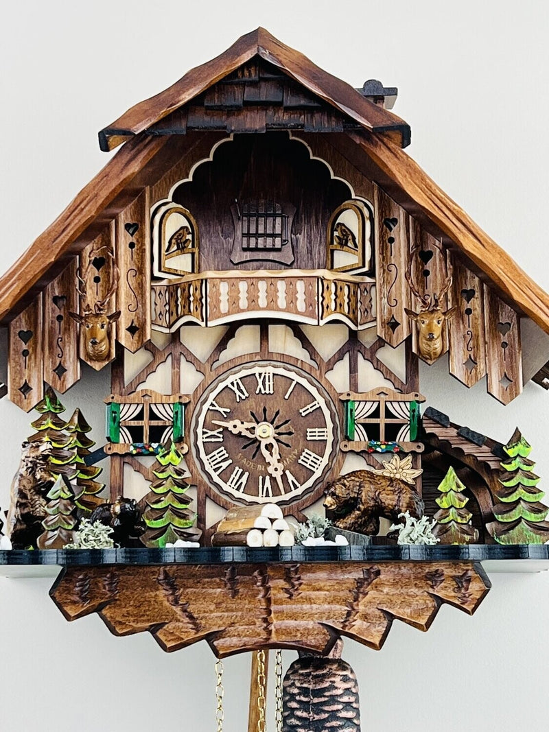 Eight Day Cuckoo Clock Cottage with Bears and Pine Trees