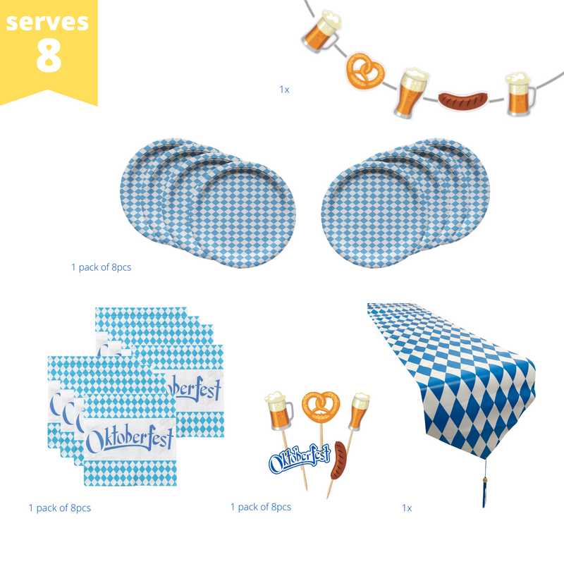 Deluxe All-in-One Lite Oktoberfest Party Pack Bundle with Bavarian Themed Plastic Table Runner, Plates, Napkins, Oktoberfest Foods Themed Banner