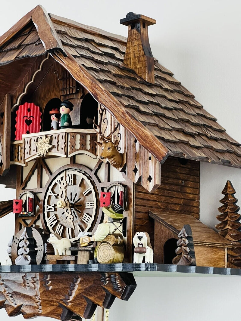 One Day Musical Cuckoo Clock Cottage with Beer Drinker, Waterwheel, and Dancers