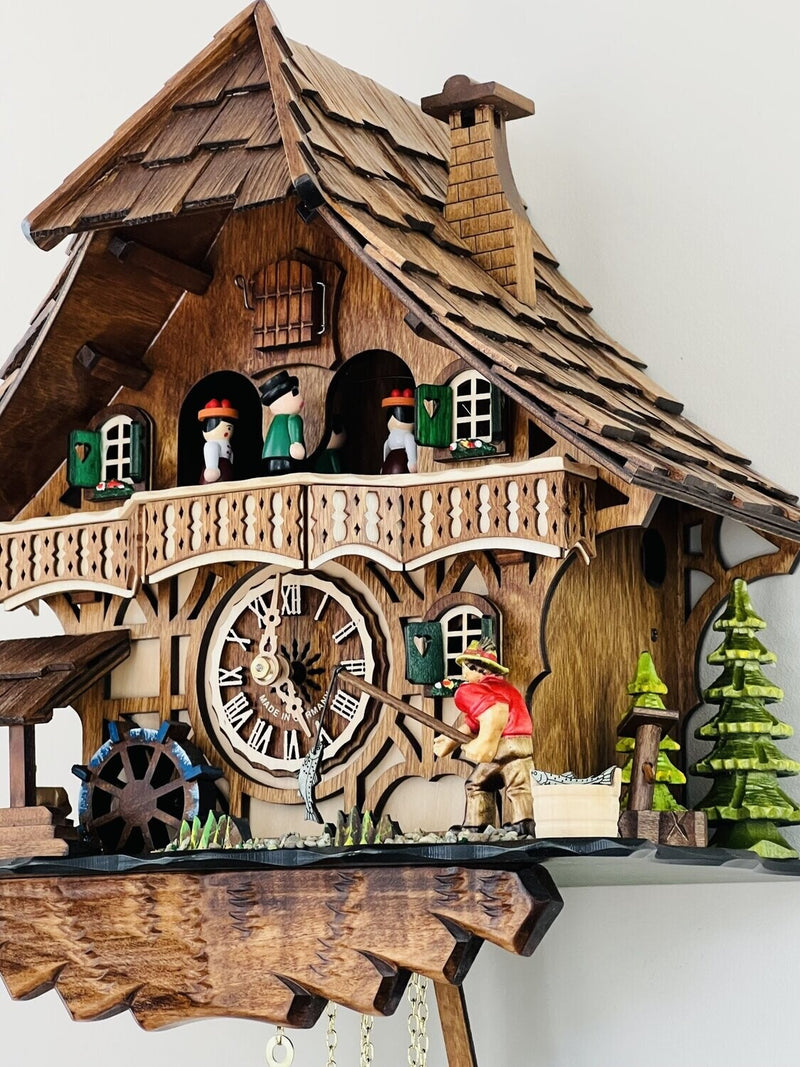 One Day Musical Cuckoo Clock Cottage - Fisherman Raises Pole and Moving Waterwheel