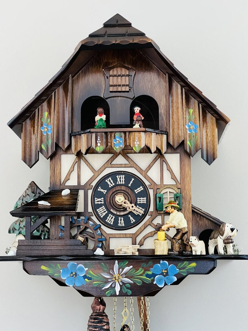 One Day Musical Cuckoo Clock Cottage with Dancers, Woodchopper, and Waterwheel