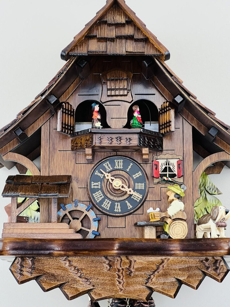 One Day Musical Beer Drinker Cuckoo Clock with Moving Waterwheel and Dancers