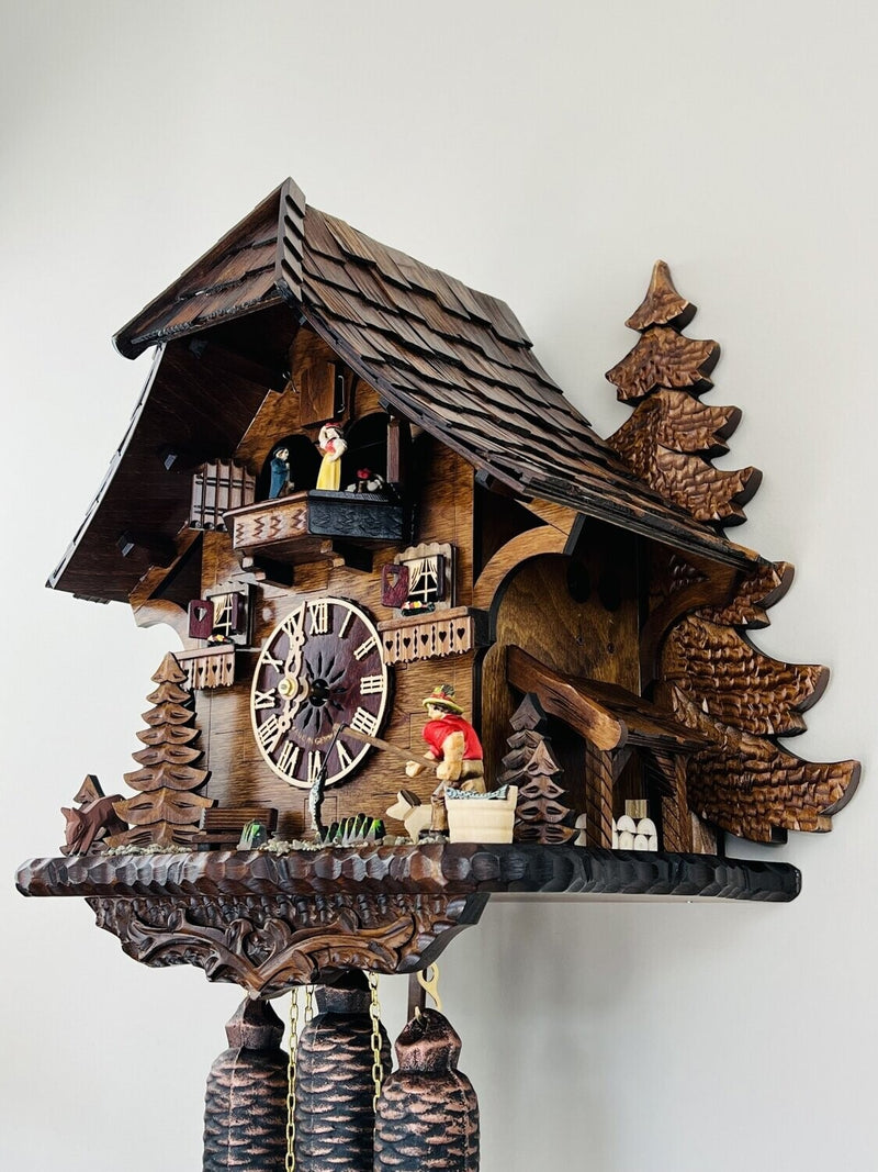 Eight Day Musical Hand Carved and Painted 15"x13" Cuckoo Clock Cottage - Fisherman Raises Pole and Moving Waterwheel