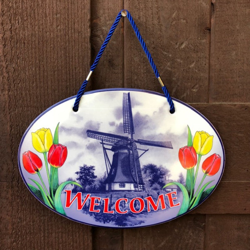 Welcome Windmill Tulips Decorative Ceramic Door Sign