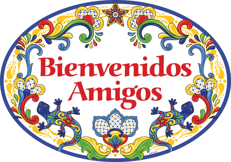 "Bienvenidos Amigos" Traditional Artwork Welcome Friends Ceramic 11x8 inches Spanish Front Door Sign with Gecko's Yellow Motif