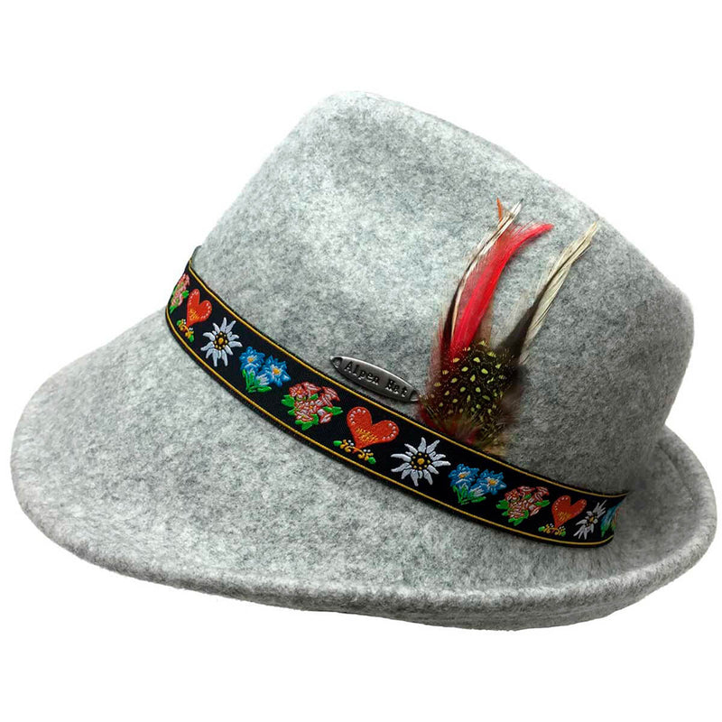 Tyrolean Alps Gray 100% Wool Hat with Embroidered Band