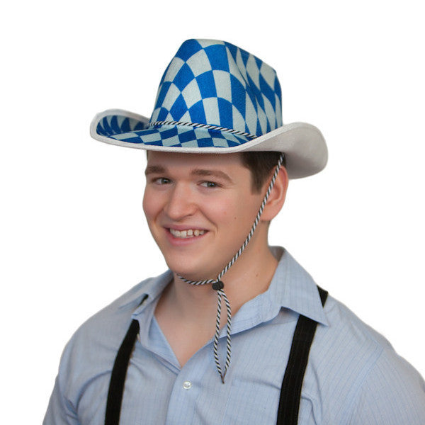 Bavarian Cowboy Oktoberfest Hat - Apparel-Costumes, Bavarian Blue White Checkers, Bayern, Felt, German, Germany, Hats, Hats-Kids, Hats-Party, Oktoberfest - 2 - 3 - 4