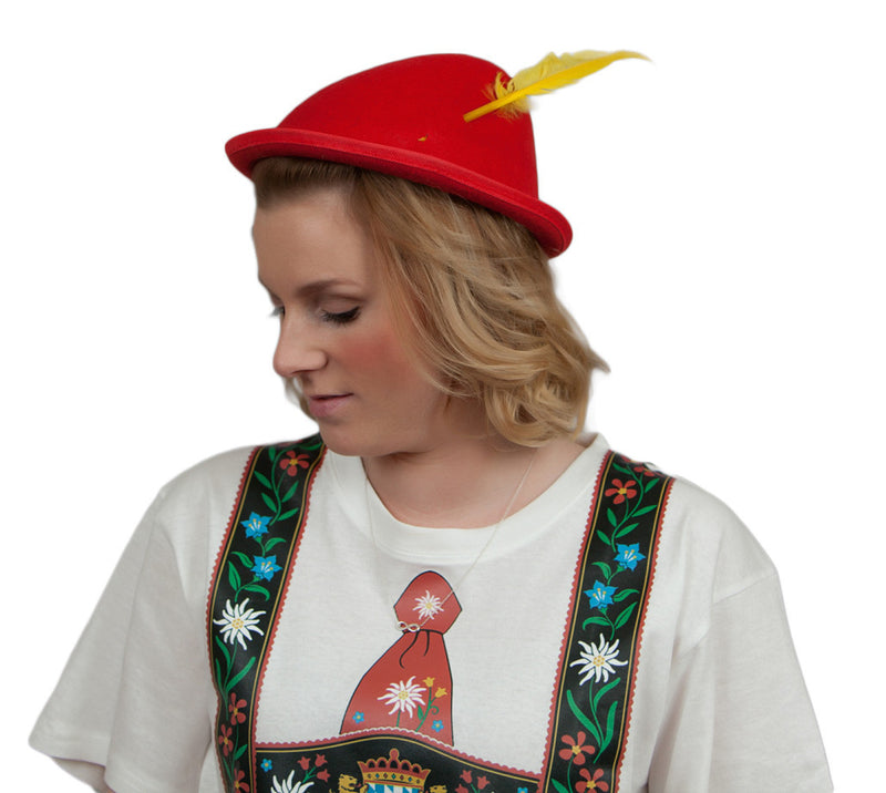 Oktoberfest  inchesPeter Pan inches Party Hat Red with Yellow Feather - Apparel-Costumes, felt, German, Germany, Hats, Hats-Kids, Hats-Party, L, Medium, Oktoberfest, Size, Top-GRMN-B - 2 - 3