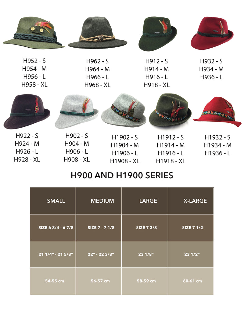 Bavarian Alpine Style 100% Wool Red Hat Hat Size Chart