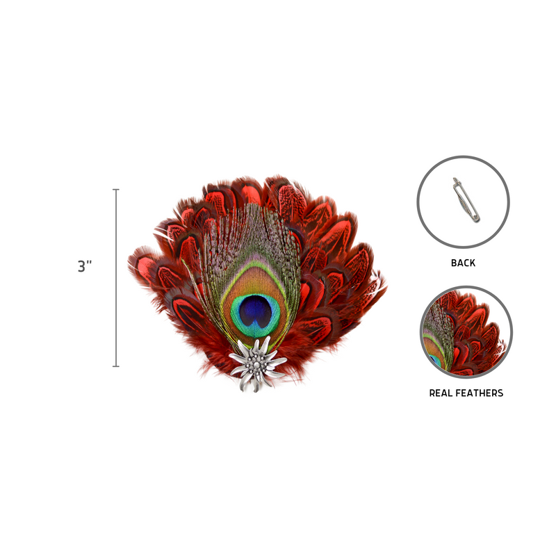 German Hat Pin Deluxe Peacock & Red Hat Feathers