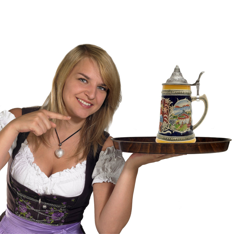 Alpine Pub Ceramic Stein with metal lid. This decorative engraved Alpine Pub stein will make for a great gift or decorative accent to your collection! Colorfully decorated collectible beer steins are popular around the world. The origin of German Beer Steins date back to the 14th century.