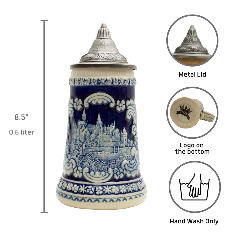 German Castle Engraved Ceramic Beer Stein with Ornate Metal Lid