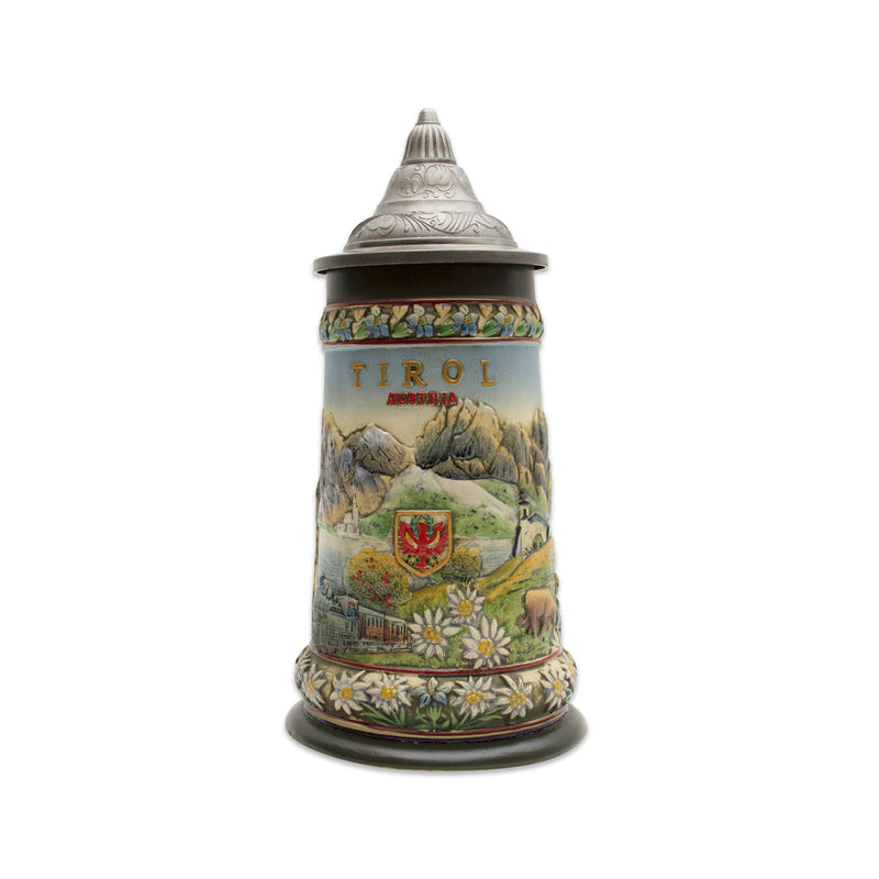 Tirol Scenic Austrian Alps Collectible Beer Stein with Engraved Metal Lid