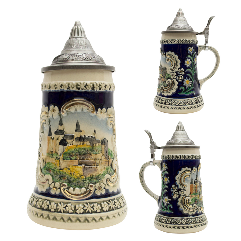 Scenic Bavarian Castle Engraved Beer Stein with Metal Lid
