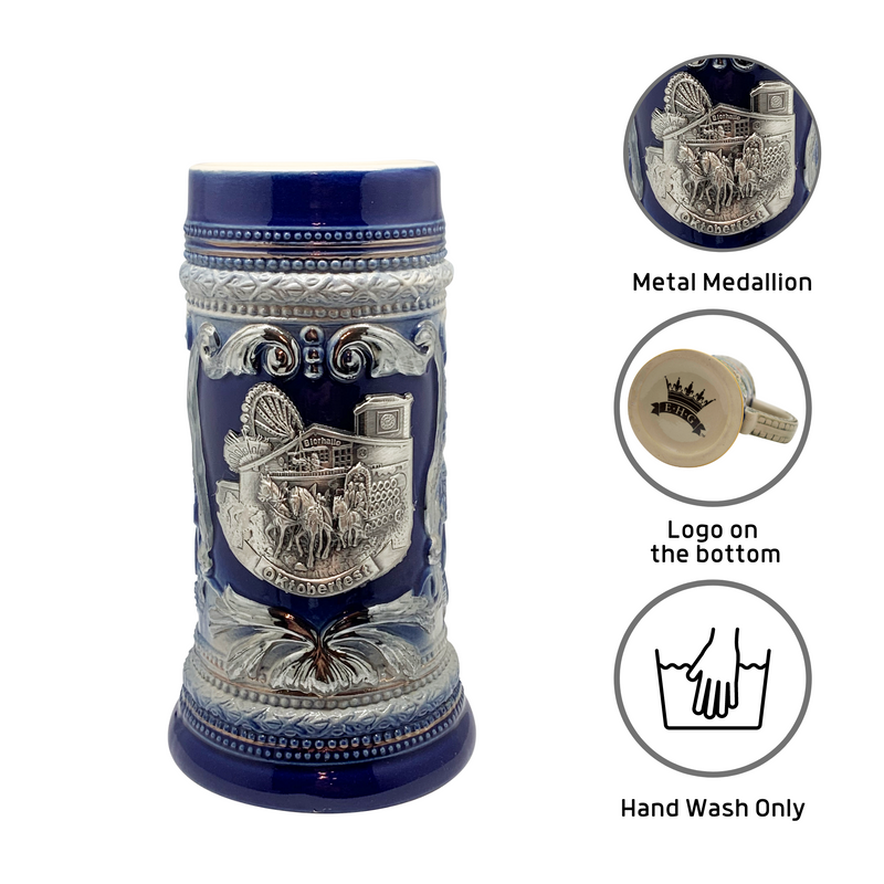 Cobalt Blue Oktoberfest Beer Mug with Engraved Festival Metal Medallion of German Wagon & Draft Horses