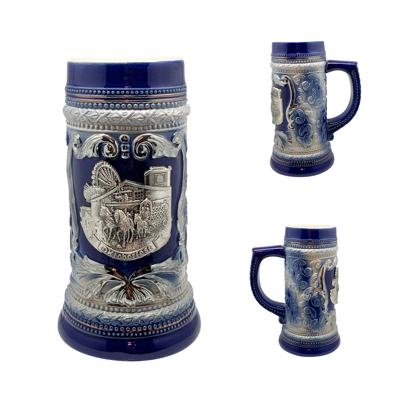 Cobalt Blue Oktoberfest Beer Mug with Engraved Festival Metal Medallion of German Wagon & Draft Horses