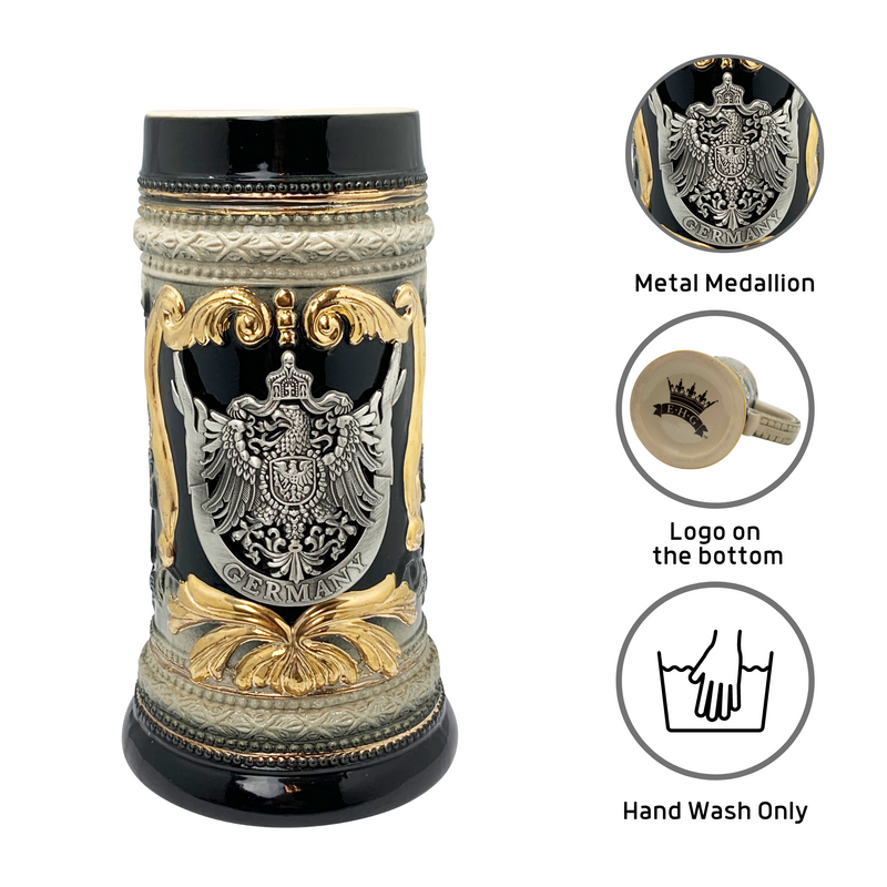 Charcoal Black Ceramic Stein Beer Mug with Germany Eagle Coat of Arms on Engraved Metal Medallion