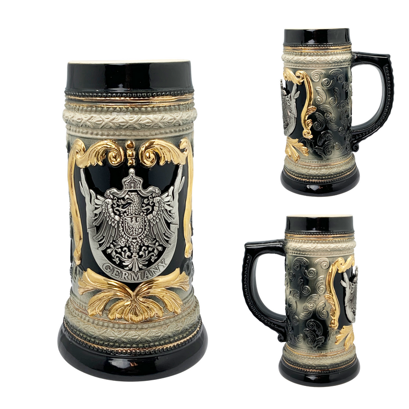 Charcoal Black Ceramic Stein Beer Mug with Germany Eagle Coat of Arms on Engraved Metal Medallion