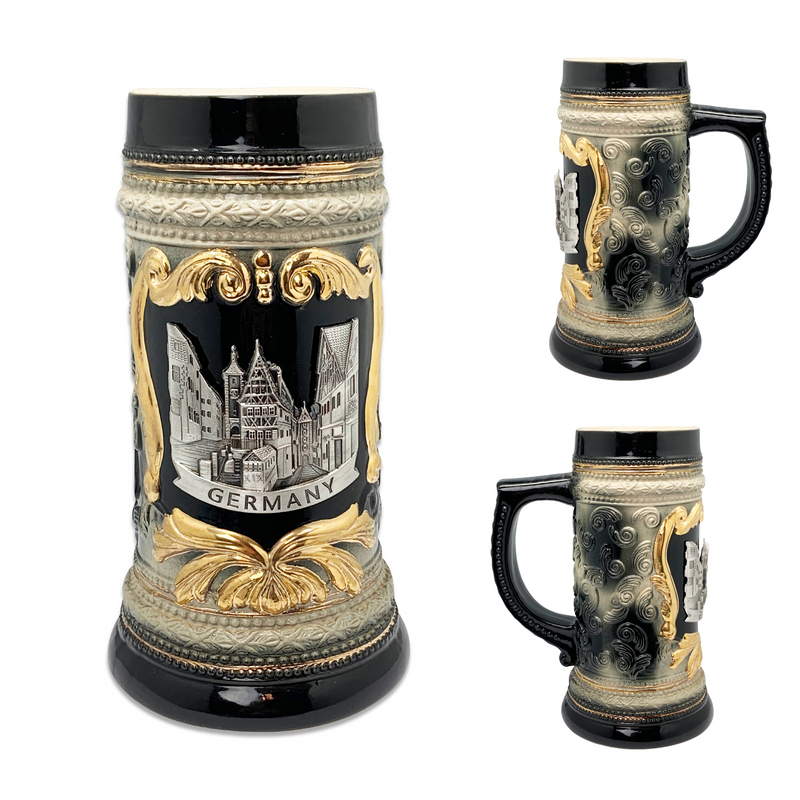 Charcoal Black Deluxe Ceramic Beer Stein Mug with Deutschland Germany Village Scene Engraved Metal Medallion