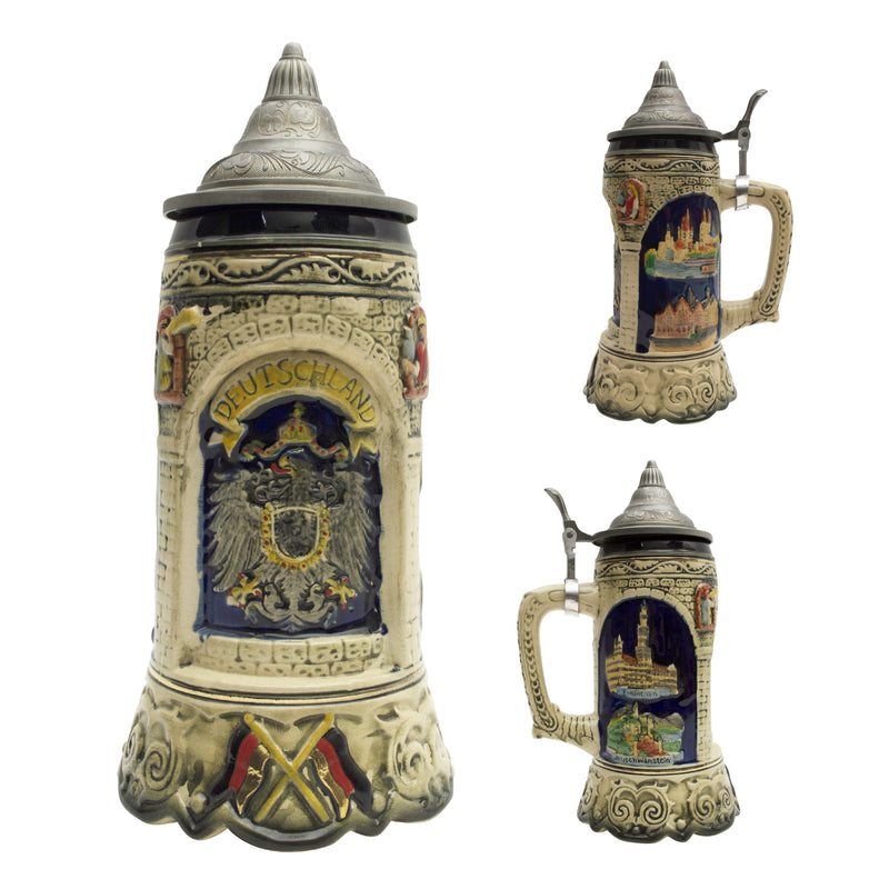 Scenic Deutschland Engraved Collectible German Beer Stein with Engraved Metal Lid