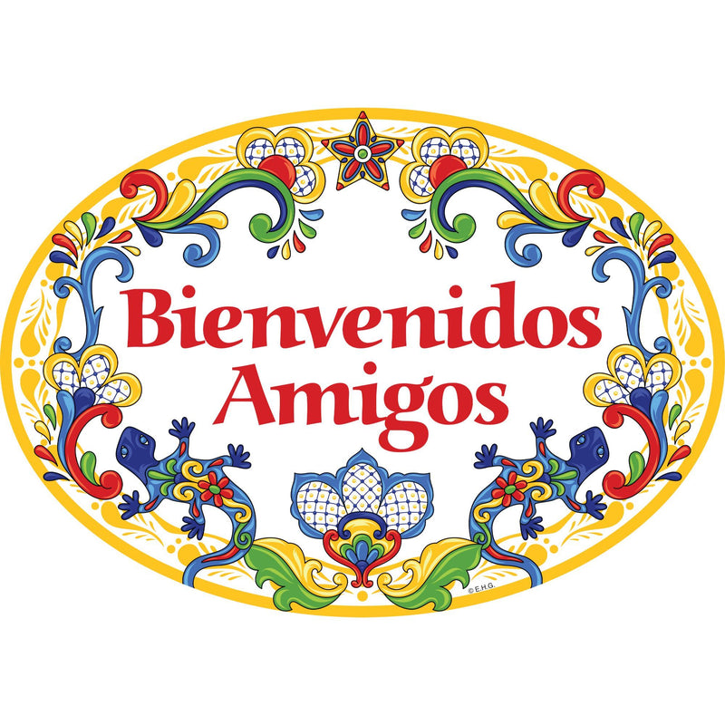 "Bienvenidos Amigos" Decorative Yellow Ceramic Door Sign Geckos Motif
