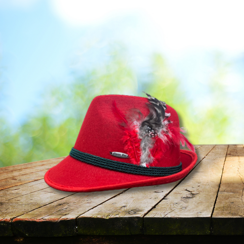 Traditional German Bavarian Red Felt Fedora for Men and Hat for Women with Feather Size Small