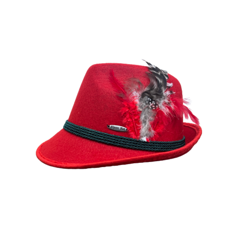 Traditional German Bavarian Red Felt Fedora for Men and Hat for Women with Feather Size Small