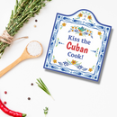 "Kiss the Cuban Cook" Cuban Gift Idea Latino Regalo Ceramic Cheeseboard Decorative 7.5" with Trivet Bird Motif with Cork Backing - Blue