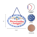"Bienvenidos Amigos" Latino Traditional Artwork, Ceramic 8.75x6 inches Spanish Front Door Sign with Traditional Latino Raised Relief Artwork, Latino Home Decoration & Regalos