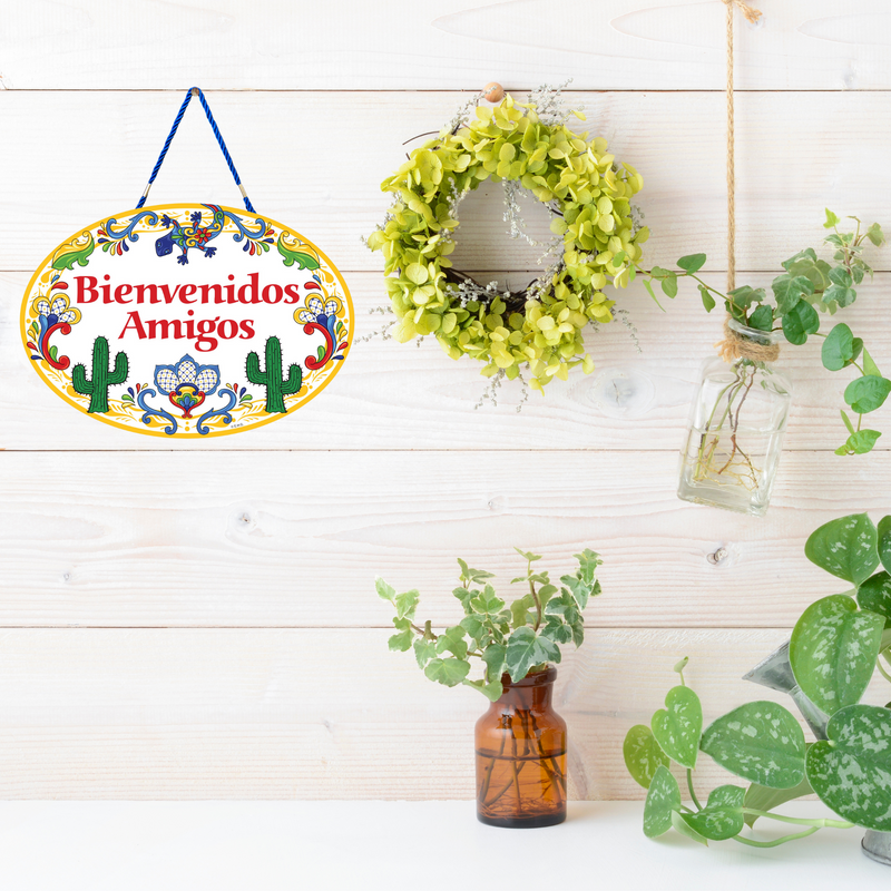 "Bienvenidos Amigos" Decorative Yellow Ceramic Door Sign Cactus Motif