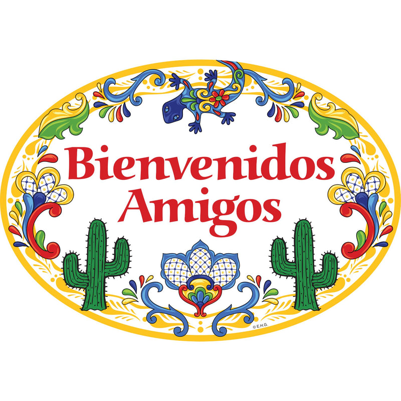 "Bienvenidos Amigos" Decorative Yellow Ceramic Door Sign Cactus Motif