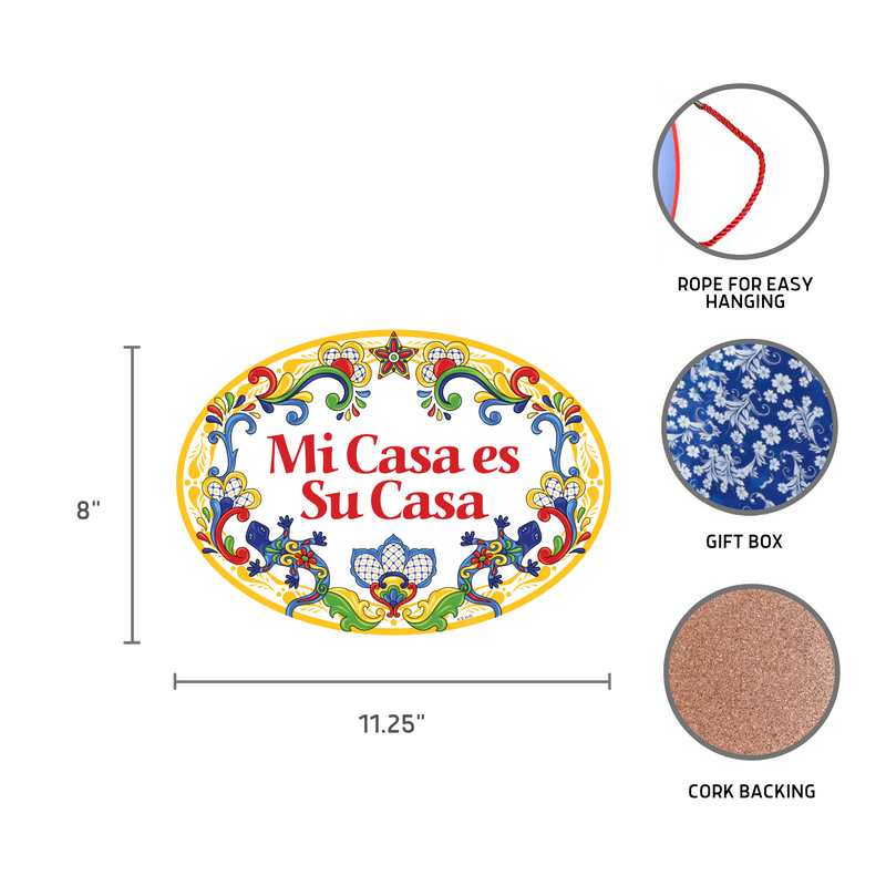 "Mi Casa es Su Casa" Decorative Ceramic Door Sign with Flowers Motif