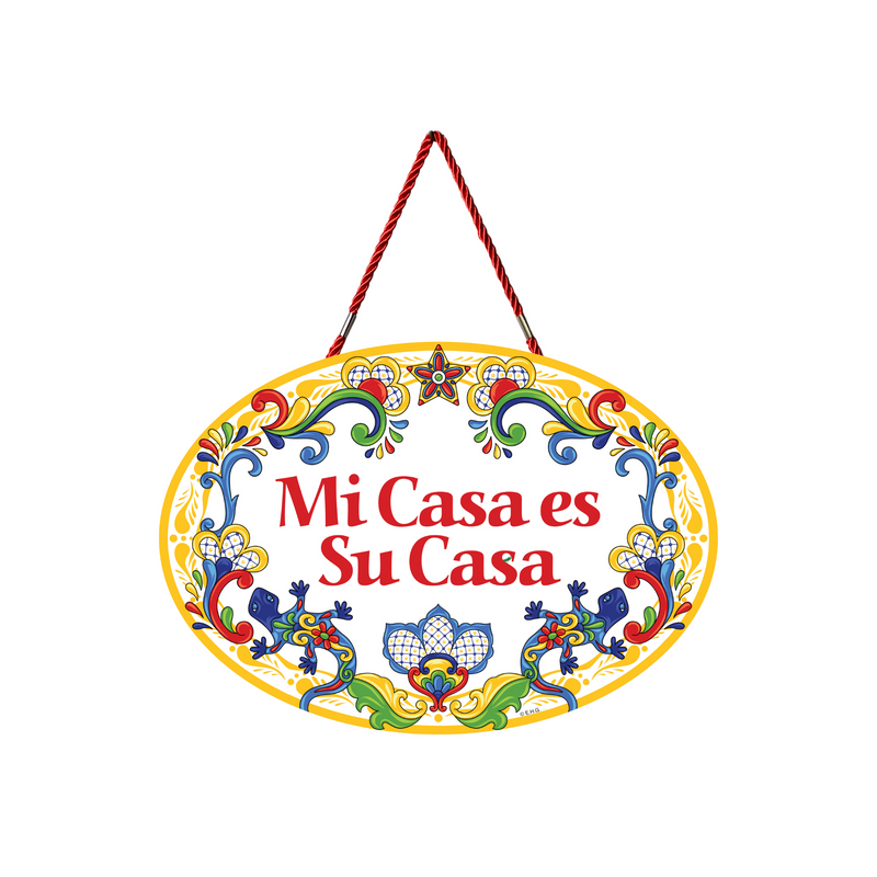 "Mi Casa es Su Casa" Decorative Ceramic Door Sign with Flowers Motif
