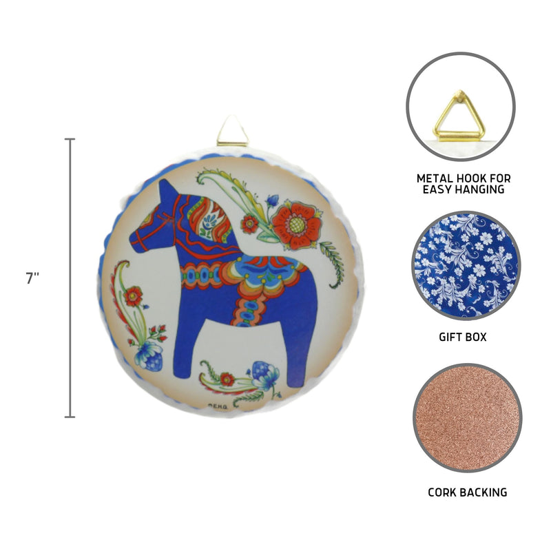 Round Ceramic Plaque Blue Dala Horse
