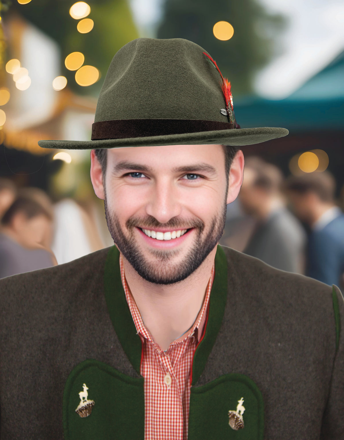 100% Wool German Themed Green Bavarian Mountain Alpen Hat 