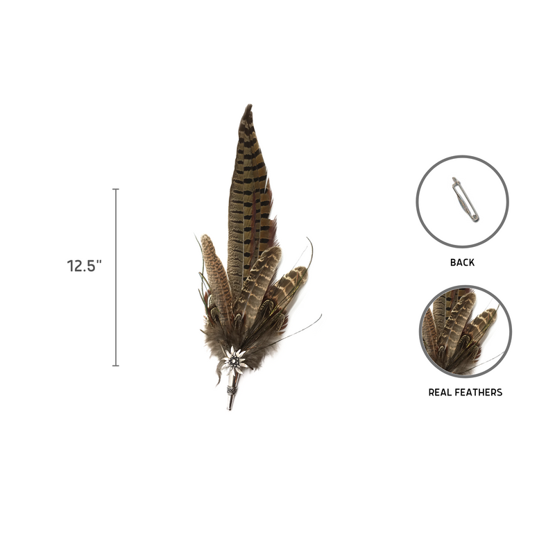 Metal Medallion Edelweiss Hat Pin Brown Pheasant Feathers for German Oktoberfest