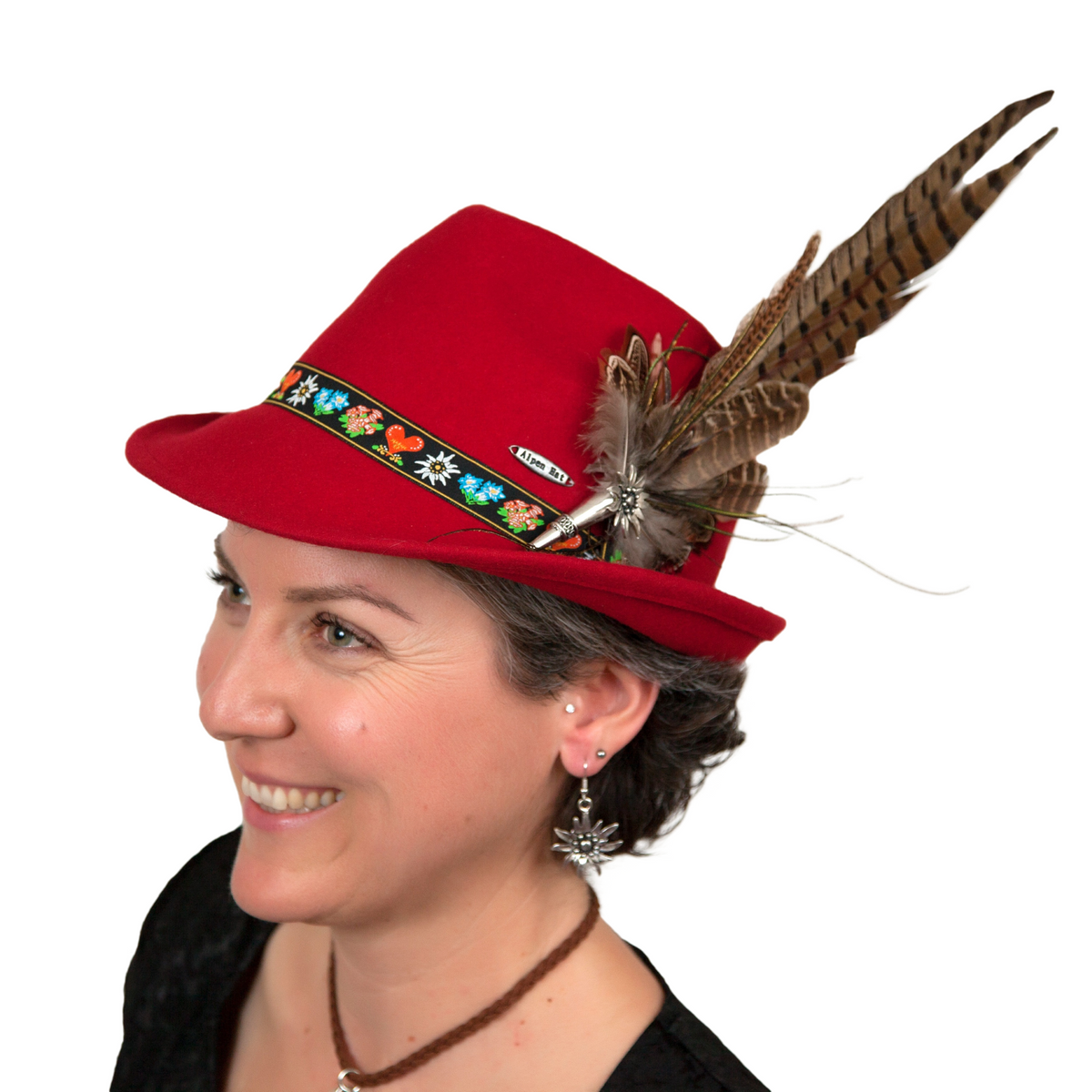 Metal Medallion Edelweiss Hat Pin Brown Pheasant Feathers 