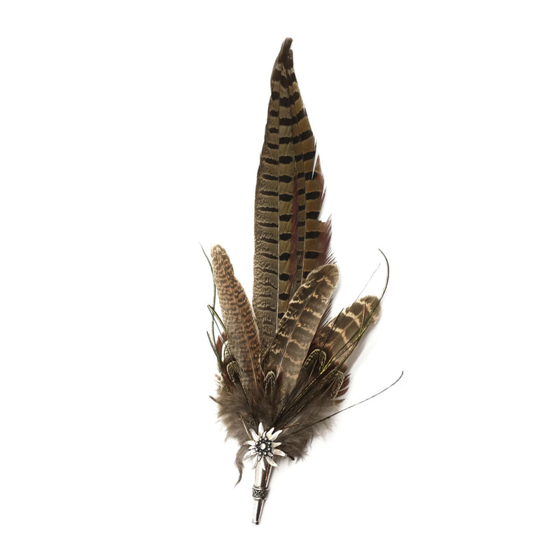 Metal Medallion Edelweiss Hat Pin Brown Pheasant Feathers for German Oktoberfest