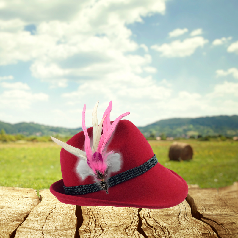 Pink & White Oktoberfest Hat Feather Edelweiss Medallion